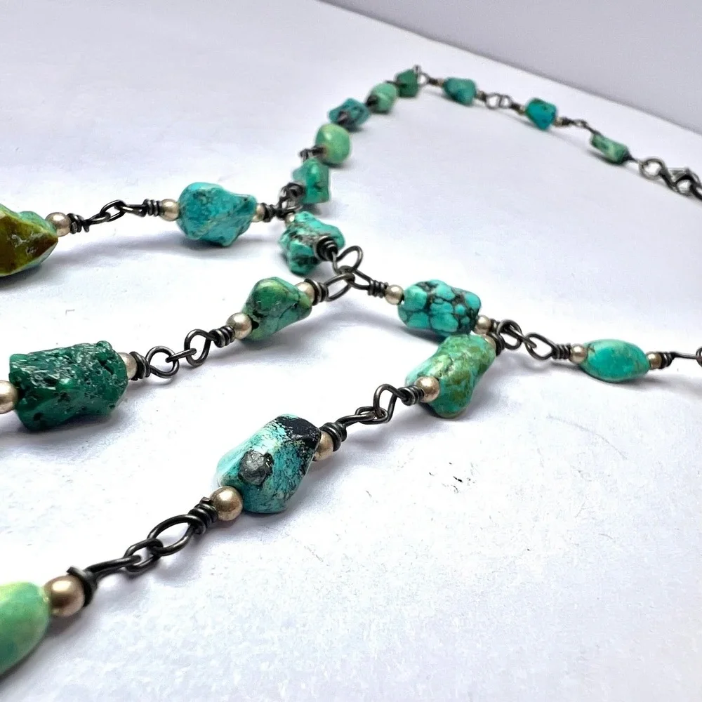 Vintage Turquoise Sterling Silver Fringe Necklace Boho Southwestern Choker Bib